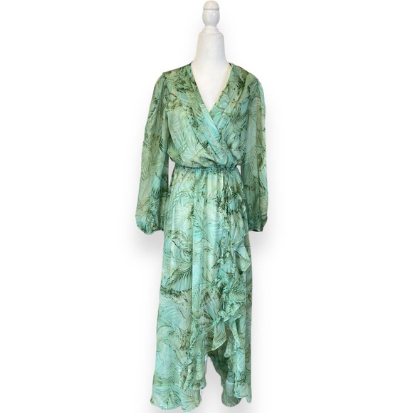 Alex Marie "Hallie" Green Palm Print V-Neck Chiffon Long Sleeve Maxi Dress - Picture 2 of 12